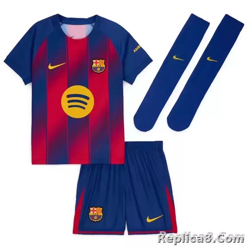 25-26 Barcelona Red Blue Home Soccer Full Kids Kit Jersey+Shorts+Socks