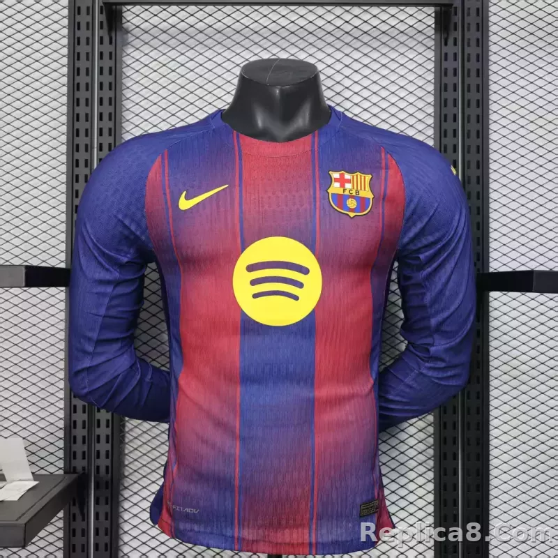 25-26 Barcelona Red Blue Home Soccer Jersey Long Sleeve