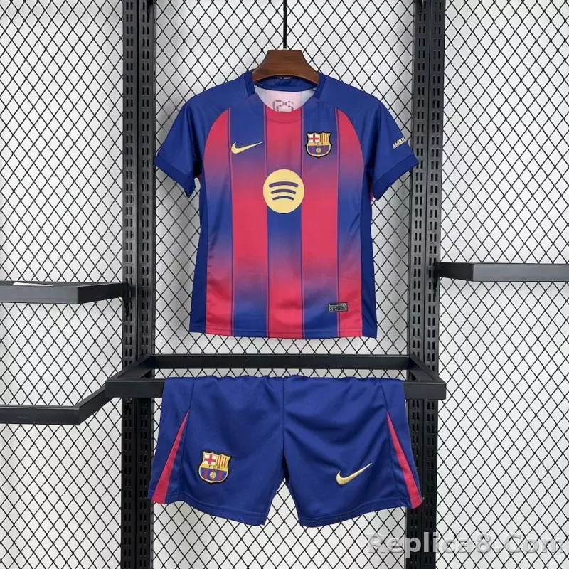 25-26 Barcelona Red Blue Home Soccer Kids Kit Jersey+Shorts
