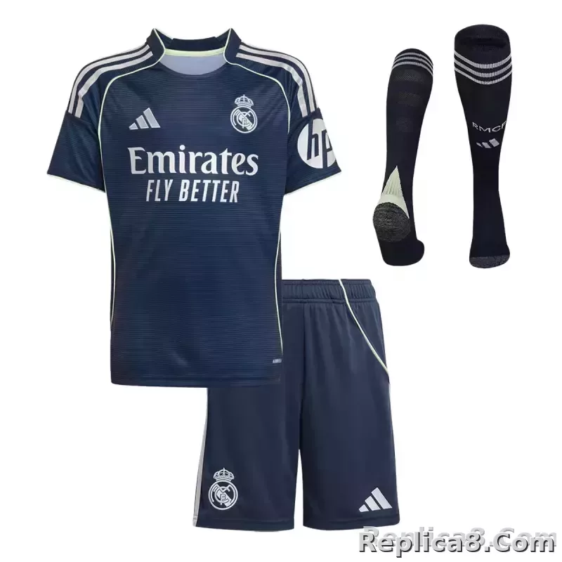 25-26 Real Madrid Away Soccer Kids Full Kit Jersey+Shorts+Socks