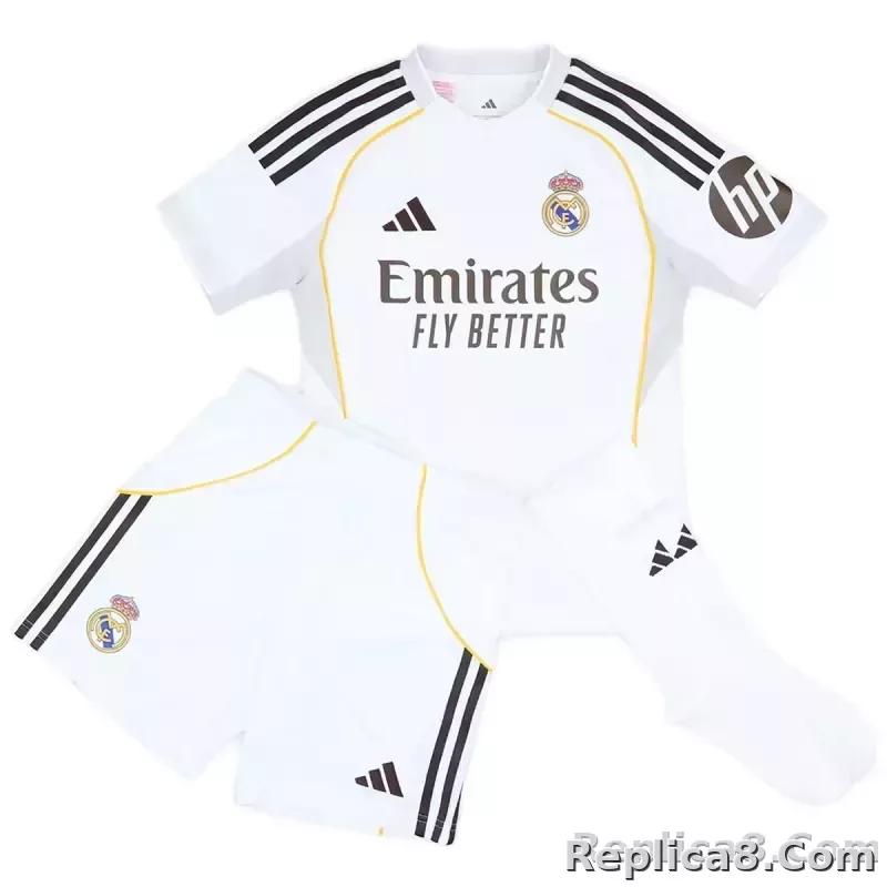 25-26 Real Madrid Home Soccer Kids Full Kit Jersey+Shorts+Socks