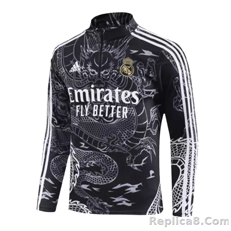 Kids Real Madrid Zipper Sweatshirt Kit(Top+Pants) Black 2023/24 - detail