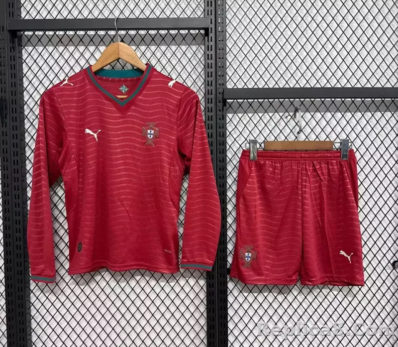 2026 Portugal Home World Cup Soccer Kids Long Sleeve Kit Jersey+Shorts