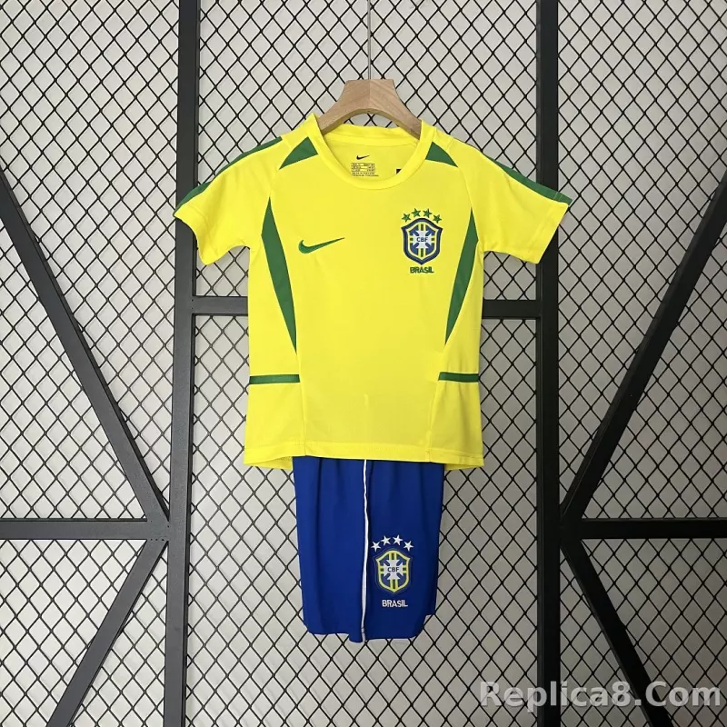 2002 Brazil World Cup Home Retro Kids Kit Jersey+Shorts