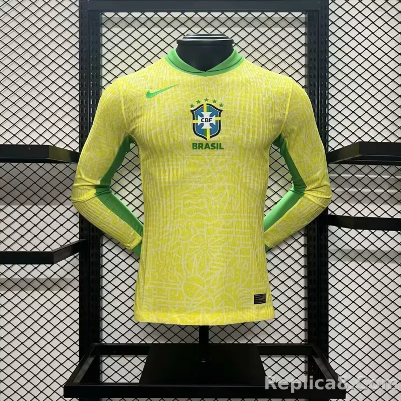 2024 Brazil Home Copa America Football Jersey Player Version Long Sleeve