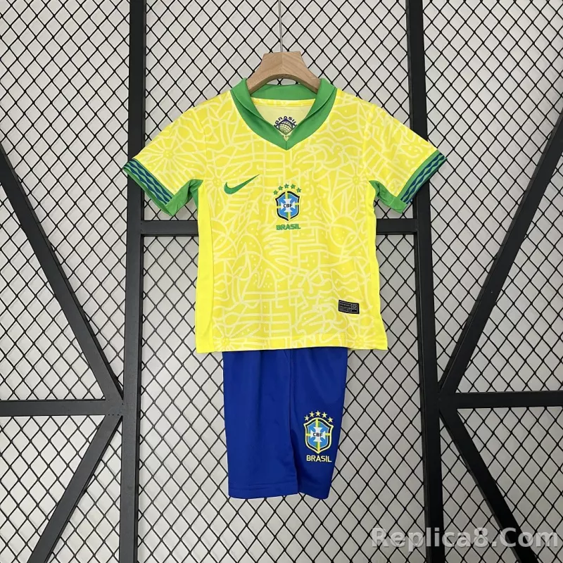 2024 Brazil Home Copa America Football Kids Kit Jersey+Shorts