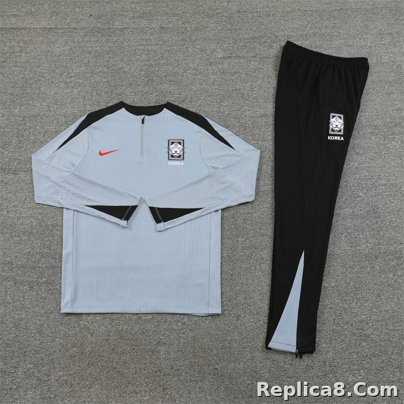 24-25 South Korea Light Gray with Black Half Zipper Training Tracksuit - detail
